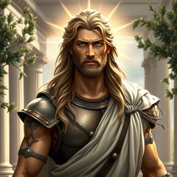 A portrait of a male character resembling an ancient Greek mythology figure, with long flowing hair and a strong, heroic expression