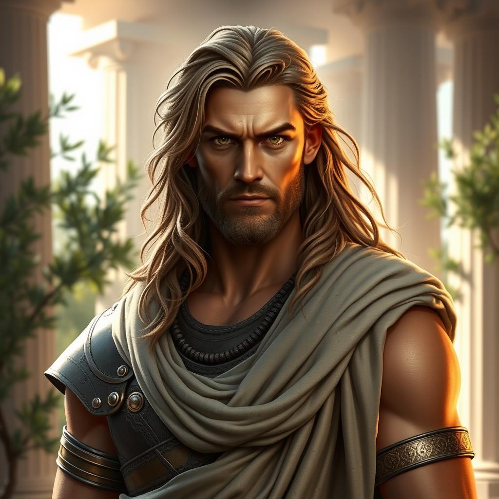 A portrait of a male character resembling an ancient Greek mythology figure, with long flowing hair and a strong, heroic expression