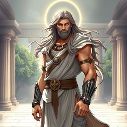 A male character inspired by ancient Greek mythology, with long flowing hair and a strong, heroic expression