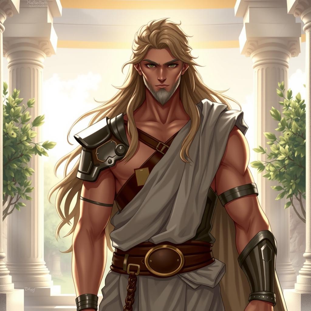 A male character inspired by ancient Greek mythology, with long flowing hair and a strong, heroic expression