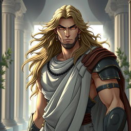 A male character inspired by ancient Greek mythology, with long flowing hair and a strong, heroic expression