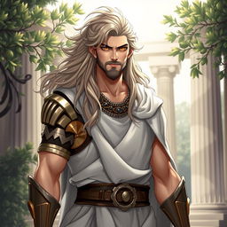 A male character inspired by ancient Greek mythology, with long flowing hair and a strong, heroic expression