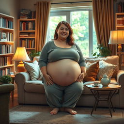 A person with a large, round belly sitting comfortably in a cozy living room