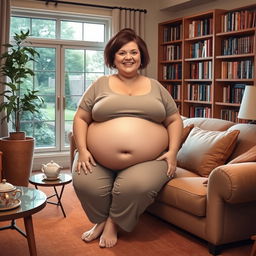 A person with a large, round belly sitting comfortably in a cozy living room