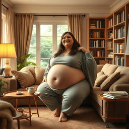 A person with a large, round belly sitting comfortably in a cozy living room