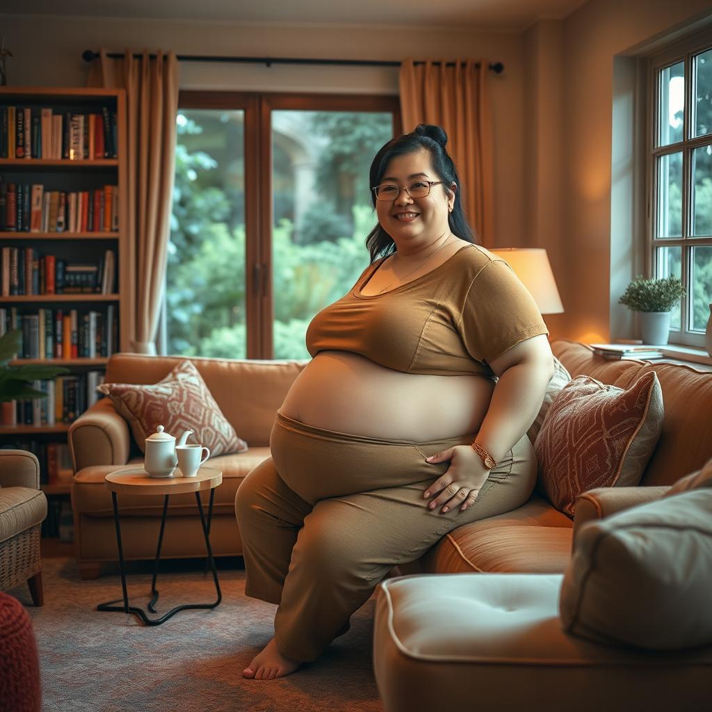 A person with a large, round belly sitting comfortably in a cozy living room