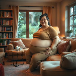 A person with a large, round belly sitting comfortably in a cozy living room