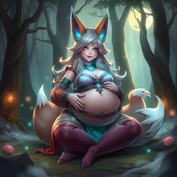 Ahri, the nine-tailed fox from League of Legends, with an exaggeratedly large belly, sitting playfully in a fantasy forest