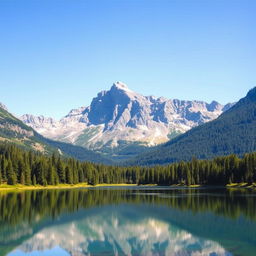 A majestic and serene mountain landscape with a tranquil lake in the foreground