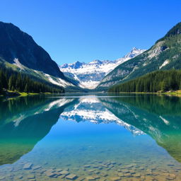 A majestic and serene mountain landscape with a tranquil lake in the foreground