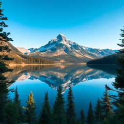 A majestic and serene mountain landscape with a tranquil lake in the foreground