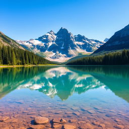 A majestic and serene mountain landscape with a tranquil lake in the foreground