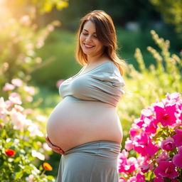 A pregnant woman with a big belly, glowing with the warmth and beauty of motherhood