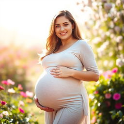 A pregnant woman with a big belly, glowing with the warmth and beauty of motherhood