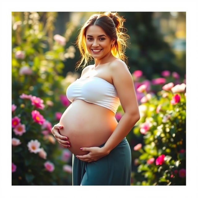 A pregnant woman with a big belly, glowing with the warmth and beauty of motherhood