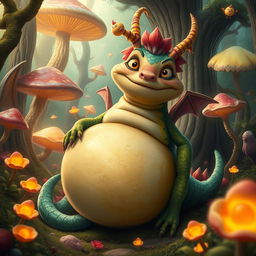 A fantastical creature with a large, oversized belly, set in a whimsical forest environment