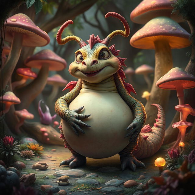 A fantastical creature with a large, oversized belly, set in a whimsical forest environment