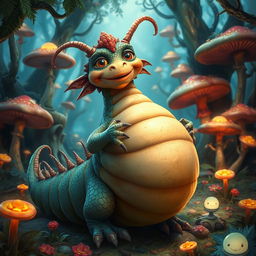 A fantastical creature with a large, oversized belly, set in a whimsical forest environment