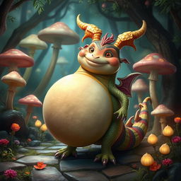 A fantastical creature with a large, oversized belly, set in a whimsical forest environment