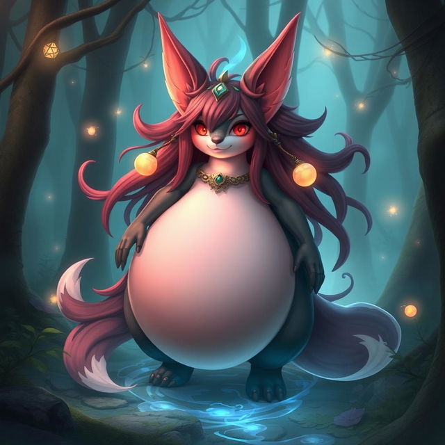 A magical creature inspired by Ahri from fantasy games, with a large, oversized belly, set in a mystical forest