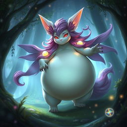 A magical creature inspired by Ahri from fantasy games, with a large, oversized belly, set in a mystical forest