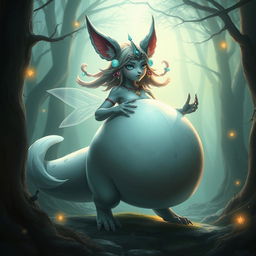 A magical creature inspired by Ahri from fantasy games, with a large, oversized belly, set in a mystical forest