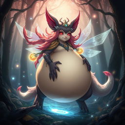 A magical creature inspired by Ahri from fantasy games, with a large, oversized belly, set in a mystical forest