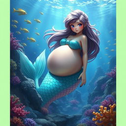 An imaginative character inspired by Nami from fantasy series, depicted with a large, round belly in a mysterious underwater setting