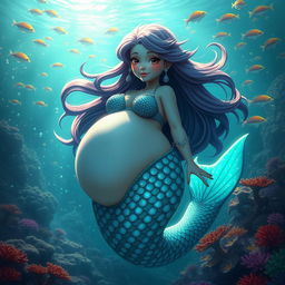 An imaginative character inspired by Nami from fantasy series, depicted with a large, round belly in a mysterious underwater setting