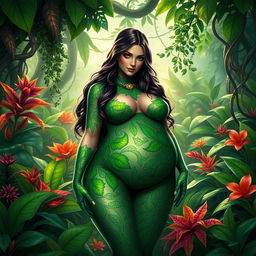 A character inspired by Poison Ivy from fantasy comics, depicted with a large, rounded belly in a lush, overgrown botanical garden