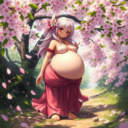 A fantasy-inspired character resembling Sakura, depicted with a large, prominent belly in a vibrant, blossoming cherry blossom grove