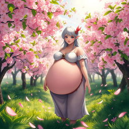 A fantasy-inspired character resembling Sakura, depicted with a large, prominent belly in a vibrant, blossoming cherry blossom grove