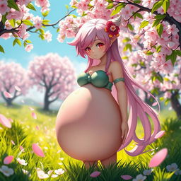 A fantasy-inspired character resembling Sakura, depicted with a large, prominent belly in a vibrant, blossoming cherry blossom grove