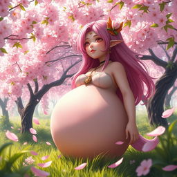 A fantasy-inspired character resembling Sakura, depicted with a large, prominent belly in a vibrant, blossoming cherry blossom grove