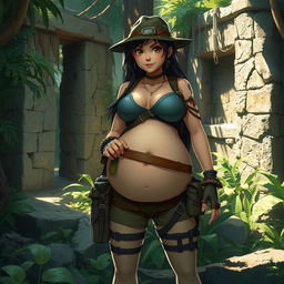 A stylized interpretation of a character inspired by Lara Croft, with a focus on a large, rounded belly, set in an adventurous jungle ruin environment