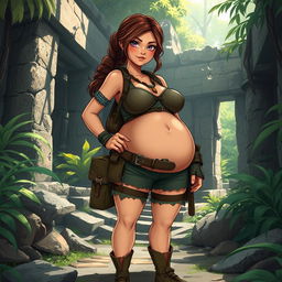 A stylized interpretation of a character inspired by Lara Croft, with a focus on a large, rounded belly, set in an adventurous jungle ruin environment