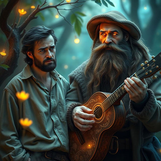 A worried poet, his expression deeply reflective and concerned, stands alongside a bearded traveller whose eyes glow with an ethereal luminescence