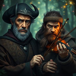 A worried warlock poet, his face etched with a blend of mystical worry and introspective thought, stands beside a handsome bearded traveller whose eyes glow with an entrancing, otherworldly light