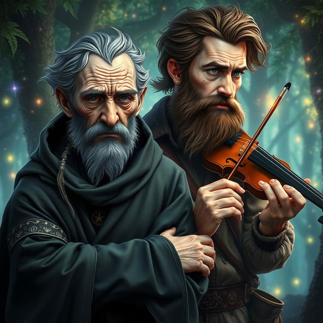 A worried warlock poet, his face etched with a blend of mystical worry and introspective thought, stands beside a handsome bearded traveller whose eyes glow with an entrancing, otherworldly light