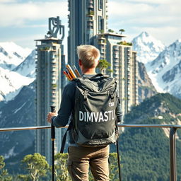 On a scenic observation deck, a young architect with light-colored hair is standing with his back to us, wearing a large 60-70 liter backpack emblazoned with the large-word 'DIMVASTU'