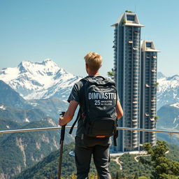 On a scenic observation deck, a young architect with light-colored hair is standing with his back to us, wearing a large 60-70 liter backpack emblazoned with the large-word 'DIMVASTU'