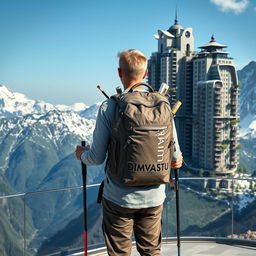 On a scenic observation deck, a young architect with light-colored hair is standing with his back to us, wearing a large 60-70 liter backpack emblazoned with the large-word 'DIMVASTU'