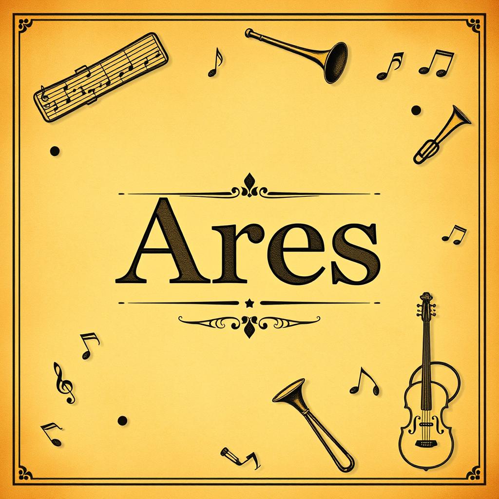 A vintage-style school music book cover featuring the name Ares prominently in an elegant, classical font