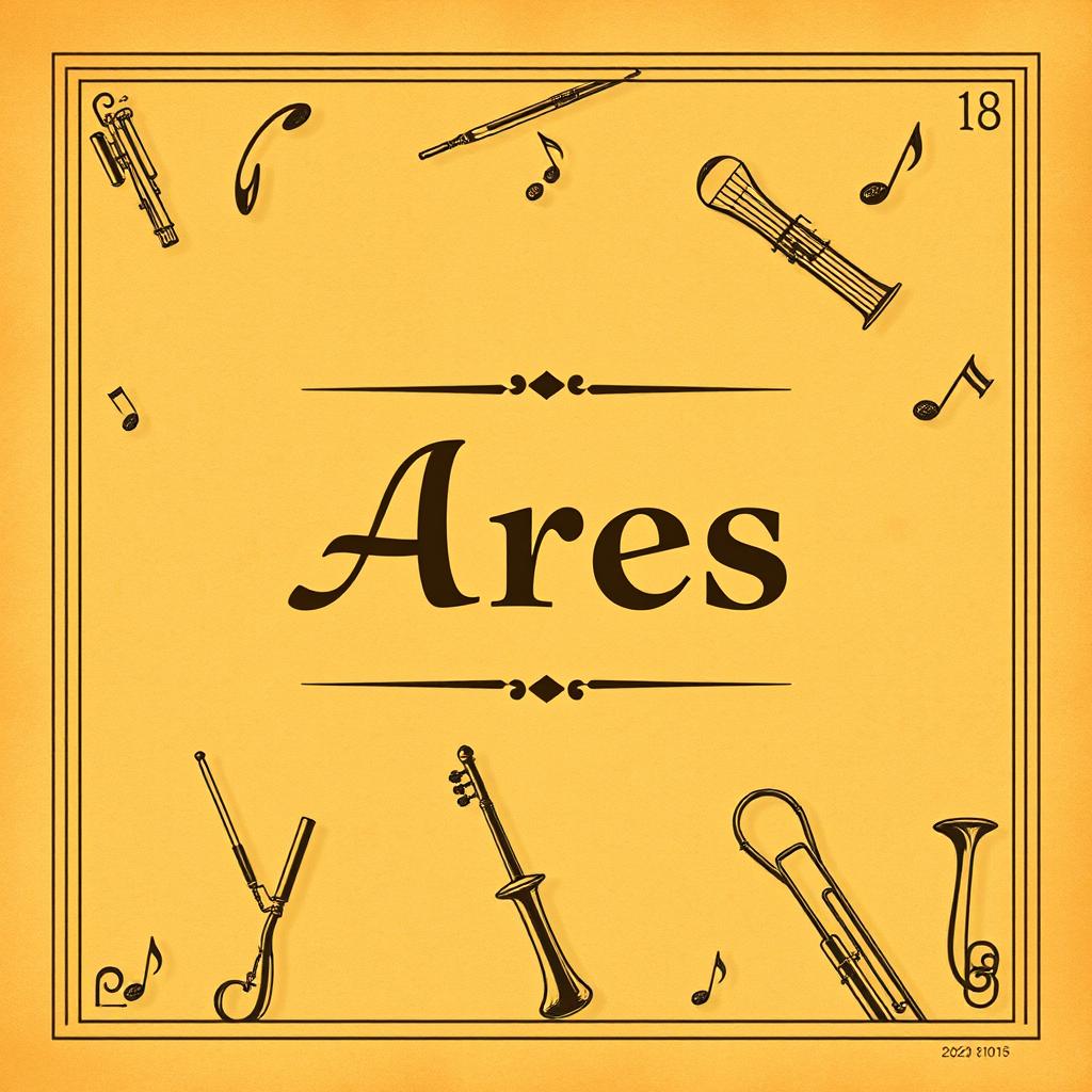 A vintage-style school music book cover featuring the name Ares prominently in an elegant, classical font