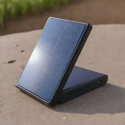 A sleek, compact device attached to the back of a smartphone, with a glossy solar panel surface to harvest solar energy for charging.