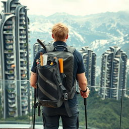 At an observation deck stands a full-length view of a young architect with light-colored hair, facing away from us