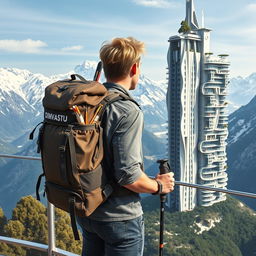 At an observation deck stands a full-length view of a young architect with light-colored hair, facing away from us