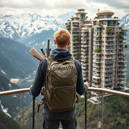 At an observation deck stands a full-length view of a young architect with light-colored hair, facing away from us