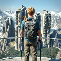 At an observation deck stands a full-length view of a young architect with light-colored hair, facing away from us