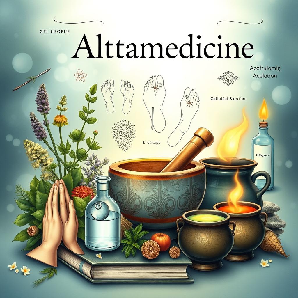 A detailed book cover art representing metamedicine and alternative medicine, featuring herbs and a mortar and pestle to symbolize herbalism, reflexology foot diagrams, acupuncture needles, colloidal solution bottles, and a depiction of light therapy with warm light